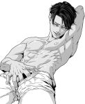  1boy arm_behind_head armpits greyscale levi_(shingeki_no_kyojin) licking_lips looking_at_viewer lying male_focus male_underwear monochrome muscular muscular_male nipples on_back open_pants pants satsuki_llab shingeki_no_kyojin simple_background tongue tongue_out topless_male underwear white_background 