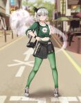  1girl absurdres asymmetrical_skirt belt black_hairband black_ribbon blue_eyes bob_cut bow_hairband crosswalk day glasses green_leggings green_shirt grey_hair hair_ribbon hairband hakurei_fling highres king_boo konpaku_youmu konpaku_youmu_(ghost) leggings mario_(series) midriff_peek miniskirt outdoors print_shirt ribbon road shirt shoes short_hair skirt sneakers solo street t-shirt touhou watch white_hair wristwatch 