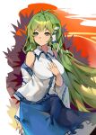  1girl absurdres antenna_hair bare_shoulders blue_shirt detached_sleeves frog_hair_ornament green_eyes green_hair hair_ornament hair_tubes hands_on_own_chest highres kochiya_sanae long_hair looking_to_the_side sakanafish shirt simple_background solo touhou very_long_hair white_shirt 