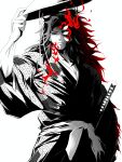  1boy absurdres black_hair blank_eyes chin_strap closed_mouth cowboy_shot extra_eyes fire flipped_hair frown hand_up hat hat_removed hat_tip headwear_removed highres holding holding_clothes holding_hat japanese_clothes katana kimetsu_no_yaiba kimono kokushibou long_hair looking_at_viewer male_focus monochrome multicolored_hair ponytail red_eyes red_hair sash sidelocks simple_background solo split_theme spoilers spot_color sword tagimane01 toned toned_male torn_clothes tsugikuni_michikatsu two-tone_hair very_long_hair weapon 