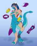  2019 4:5 aquatic_dragon blue_body blue_eyes breast_growth breasts clothing digitigrade dragon female gender_transformation growth hair hand_on_breast hi_res horn horn_growth human human_to_anthro looking_down mammal marine membrane_(anatomy) mtf_transformation navel on_one_leg oter purple_eyes simple_background solo spade_tail species_transformation standing tail tail_growth torn_clothing transformation webbed_feet webbed_hands 