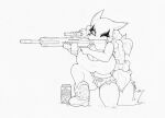  aiming alcohol anthro beer bessie_fox_(smokyjai) beverage beverage_can big_breasts boots bottomwear braided_hair breasts bulging_breasts canid canine cleavage clothed clothing cutoffs denim denim_clothing eyeliner female footwear fox freckles gun hair hi_res holding_gun holding_object holding_weapon kneeling makeup mammal monochrome one_eye_closed ranged_weapon shorts smokyjai solo weapon 