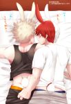  2boys animal_ears ass back bakugou_katsuki bed black_male_underwear black_tank_top blonde_hair blue_eyes blue_male_underwear boku_no_hero_academia grey_pants highres male_focus male_underwear multicolored_hair multiple_boys open_clothes open_mouth open_shirt pants pillow rabbit_ears rabbit_tail red_hair satoko_(sat_ok_o) scar scar_on_face shirt short_hair spiked_hair split-color_hair t-shirt tail tank_top todoroki_shouto translation_request two-tone_hair underwear white_hair white_shirt yaoi 