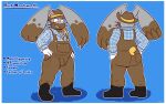  2023 absurd_res anthro big_ears black_boots black_clothing black_eyes black_footwear blue_background blue_clothing blue_shirt blue_topwear boots border brown_body brown_clothing brown_fur brown_hat brown_headwear brown_overalls buck_woodsworth checkered_clothing checkered_shirt checkered_topwear chest_tuft clothed clothing diggersby dipstick_ears english_text felino footwear front_view fur furgonomics generation_6_pokemon grey_body grey_fur grin hands_on_hips hat headgear headwear hi_res lagomorph male mammal model_sheet multicolored_ears nintendo open_clothing open_shirt open_topwear overweight overweight_anthro overweight_male pattern_clothing pattern_shirt pattern_topwear pink_inner_ear pink_nose pokemon pokemon_(species) rear_view shirt simple_background smile solo text topwear tuft wheat white_body white_border white_clothing white_fur white_shirt white_topwear yellow_body yellow_fur 