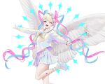  1girl angel angel_wings blonde_hair blue_eyes blue_hair bow chouzetsusaikawa_tenshi-chan cloud gem heart_wand highres holographic_clothing long_hair looking_at_viewer magical_girl multicolored_hair needy_girl_overdose ohisashiburi open_mouth pink_hair platform_footwear platform_heels pleated_skirt purple_hair quad_tails saint school_uniform serafuku skirt star_(symbol) teeth upper_teeth_only very_long_hair wings 