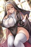 akatsuki_(aktk511) black_dress blonde_hair blurry blurry_background breasts brown_eyes bursting_breasts button_gap church commentary_request covered_navel dress habit hair_between_eyes highres large_breasts long_hair looking_at_viewer nun open_mouth original pelvic_curtain shirt sidelocks smile thick_thighs thighhighs thighs very_long_hair white_shirt white_thighhighs window 