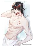  1boy abs bead_bracelet beads black_hair black_nails blood bracelet collarbone cowboy_shot eyeshadow hair_between_eyes hand_on_hip hand_on_own_face highres jewelry long_hair lrctywub2gcelwl makeup male_focus multicolored_hair naked_towel navel nijisanji nijisanji_en nipples nude parted_lips pectorals red_eyeshadow red_hair shadow simple_background solo streaked_hair topless_male towel twitter_username upper_body virtual_youtuber vox_akuma water_drop wet yellow_eyes 