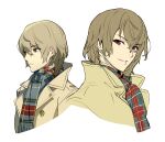  1boy akechi_gorou brown_hair closed_mouth coat hair_between_eyes looking_at_viewer male_focus multiple_views persona persona_5 plaid plaid_scarf red_eyes scarf simple_background um_zum upper_body white_background yellow_coat 
