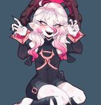  1girl blue_nails briar_(league_of_legends) detached_sleeves fingernails grey_hair hair_between_eyes hands_up highres junko_(funkywoomy) league_of_legends long_hair looking_at_viewer multicolored_hair open_mouth pink_hair pointy_ears sharp_fingernails sharp_teeth simple_background smile solo teeth two-tone_hair vampire 