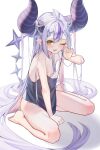  1girl absurdly_long_hair absurdres bare_legs bare_shoulders barefoot blue_shirt blush braid breasts feet grey_hair highres hololive horns huge_horns la+_darknesss long_hair looking_at_viewer multicolored_hair naked_shirt open_mouth pero_(peroneko0510) pointy_ears purple_hair rubbing_eyes shirt sitting small_breasts solo streaked_hair tank_top thighs toes very_long_hair virtual_youtuber waking_up wariza yellow_eyes 