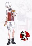  2girls absurdres arm_tattoo black_bow black_eyes black_footwear bleach boots bow bucket_of_chicken chibi chicken_(food) colonel_sanders fast_food food fried_chicken full_body genderswap genderswap_(mtf) highres kfc kuchiki_rukia multiple_girls shirt shorts smile tattoo waligner white_hair white_shirt white_shorts 