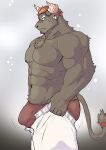  1boy abs animal_ears ass bara briefs brown_fur bulge bulge_lift character_request chest_hair cow_ears cow_horns dressing facial_hair feet_out_of_frame from_side fu_ren_chi furry furry_male goatee highres horns i&#039;ve_never_seen_a_guy_recreate_this_successfully_tbh_(meme) large_pectorals male_focus male_underwear mature_male meme minotaur motion_lines muscular muscular_male nipples open_pants pants pants_lift pectorals red_male_underwear short_hair sideburns solo stomach thick_thighs thighs tokyo_afterschool_summoners topless_male undersized_clothes underwear white_pants 