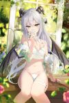  1girl absurdres bare_shoulders blurry bokeh bra breasts covering_mouth demon_girl demon_horns demon_wings depth_of_field detached_sleeves flower green_eyes hair_bun highres holding horns lingerie long_hair looking_at_viewer multi-strapped_panties navel off_shoulder omelet_tomato original panties see-through see-through_sleeves sitting small_breasts solo stomach string_panties thigh_strap thighs underwear underwear_only very_long_hair white_bra white_flower white_hair white_panties wings 