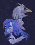  2019 akrolayn anthro avian beak blue_beak blue_body blue_eyes blue_feathers blue_hair bust_portrait digital_media_(artwork) digital_painting_(artwork) duo feathers female grey_body grey_feathers hair highlights_(coloring) male monotone_body monotone_feathers monotone_hair multicolored_hair nevrean open_mouth portrait purple_highlights smile two_tone_hair yellow_beak 