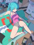 1girl aqua_hair armpits artist_self-reference bag bare_legs barefoot black_skirt black_thighhighs breasts calendar_(object) can character_doll character_name chips_(food) chopsticks collarbone controller couch dutch_angle feet food full_body grey_shorts hair_over_one_eye handheld_game_console hatsune_miku highres leaning_back legs medium_breasts messy_room open_door open_mouth parted_bangs pillow pink_tank_top plastic_bag pleated_skirt potato_chips remote_control shadow short_shorts shorts sidelocks sitting skirt skirt_removed slippers soles solo tank_top thighhighs thighhighs_removed thighs toe_scrunch toes twintails twitter_username vocaloid yukichi_(yu-ame) 