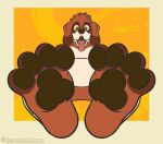  anthro bappy_(bembosdoggo) belly bembosdoggo brown_pawpads canid canine canis domestic_dog feet floppy_ears foot_fetish foot_focus happy hi_res humanoid looking_at_viewer male mammal molosser mountain_dog nude nude_anthro open_mouth pawpads paws saint_bernard slightly_chubby smile solo toes tongue 