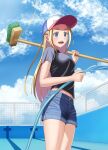  1girl absurdres baseball_cap black_shirt blonde_hair blue_eyes blue_shorts blue_sky breasts chain-link_fence cleaning_brush cloud cowboy_shot day denim denim_shorts empty_pool fence forehead hat highres hose kofune_ushio kyouji44288608 long_hair open_mouth outdoors pool shirt shorts sky small_breasts solo summertime_render t-shirt very_long_hair water 