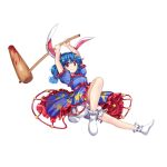  1girl ambiguous_red_liquid animal_ears bloomers blue_dress blue_hair closed_mouth crescent_print dress earclip full_body game_cg highres holding kine looking_at_viewer low_twintails mallet rabbit_ears rabbit_girl red_eyes rotte_(1109) seiran_(touhou) short_sleeves simple_background smile socks solo star_(symbol) star_print third-party_source touhou touhou_lost_word twintails underwear white_background white_footwear white_socks 