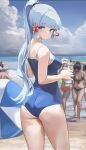  1girl absurdres ass back beach blue_eyes blue_hair blunt_bangs blush bottle breasts dolri genshin_impact highres kamisato_ayaka large_breasts light_blue_hair long_hair looking_at_viewer looking_back one-piece_swimsuit ponytail sidelocks smile solo_focus swimsuit water_bottle 