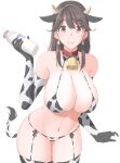  1girl animal_ears animal_print bare_shoulders bell bikini black_hairband bottle breasts brown_hair cleavage closed_mouth collar commentary cow_ears cow_horns cow_print cow_print_bikini cow_tail cowbell earrings elbow_gloves fake_animal_ears fake_horns garter_straps gloves hairband hand_up holding holding_bottle horns jewelry large_breasts long_hair looking_at_viewer milk_bottle navel neck_bell original print_bikini print_gloves print_thighhighs red_collar red_eyes smile solo stomach strap_gap swimsuit tail taito0630 thighhighs 