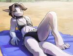  1girl beach bikini black_bikini breasts brown_hair choker cross cross_choker fins fish_tail furry furry_female green_eyes highres looking_at_viewer lying minuscule_task on_back original outdoors shark shark_girl shark_tail short_hair small_breasts solo swimsuit tail towel 