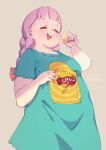  1girl absurdres blush braid chips_(food) closed_eyes cloudxmoe dress fat food highres holding jasminka_antonenko little_witch_academia long_hair open_mouth pink_hair potato_chips short_sleeves simple_background solo twin_braids 