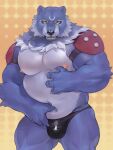  anthro anthrofied bandai_namco belly blue_body blue_fur bulge clothing digimon digimon_(species) embarrassed fur grizzlymon male musclegut navel nipples orange_eyes pecs salz_sop shy solo speedo swimwear 