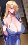  1girl blonde_hair blue_kimono blue_sash blush breasts cleavage closed_mouth collarbone commentary_request cowboy_shot crossed_bangs embarrassed hair_between_eyes highres huge_breasts indoors japanese_clothes kimono long_hair long_sleeves looking_at_viewer mole mole_on_collarbone mole_under_eye obi off_shoulder original red_eyes sash shiny_skin shouji single_bare_shoulder sliding_doors solo split_mouth standing tatami utsumi_karmin wavy_mouth wide_sleeves yukata 