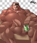  accessory anthro balls bear belly beverage_can biceps blush brown_body brown_fur erection fur genitals goro_(live_a_hero) grin headband hi_res lifewonders live_a_hero male mammal musclegut nipples nude pecs penis reclamon sitting smile solo vein veiny_penis 