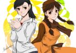  2girls arms_behind_back black_hair braid breasts brown_eyes brown_hair brown_headwear brown_scarf chinese_clothes dress hood hoodie kusu_(moo1225) ling_shen_hua long_hair looking_at_viewer multicolored_background multiple_girls orange_dress patterned_background ponytail red_shirt ryuu_ga_gotoku_(series) ryuu_ga_gotoku_6 sash sawamura_haruka scarf shenmue shenmue_ii shirt signature smile steepled_fingers sweater swept_bangs twin_braids white_sweater zipper 