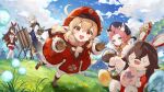  1boy 3girls albedo_(genshin_impact) amber_(genshin_impact) animal_ear_fluff animal_ears baron_bunny_(genshin_impact) basket blue_sky brown_gloves brown_hair brown_scarf brown_shorts cabbie_hat canvas_(object) cat_ears cat_girl cloud clover_print coat crossed_bangs dandelion diona_(genshin_impact) easter easter_egg egg flower genshin_impact gloves goggles goggles_around_neck grass hair_ribbon hat hat_feather hat_ornament highres holding holding_palette hooded_coat klee_(genshin_impact) light_brown_hair low_twintails multiple_girls necomi o_o open_mouth outdoors paint palette_(object) pink_hair pointy_ears red_coat red_headwear red_ribbon red_thighhighs ribbon scarf scenery short_shorts shorts sky stuffed_animal stuffed_rabbit stuffed_toy thick_eyebrows thighhighs twintails white_coat 