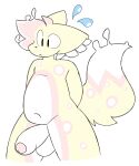  2022 anthro balls belly belly_markings biped canid canine erection fennecbutts foreskin fox fur genitals hair hi_res humanoid_genitalia humanoid_penis male mammal markings navel penis pink_body pink_fur pink_hair pink_tail solo tail white_body white_fur white_tail yellow_body yellow_fur yellow_tail 