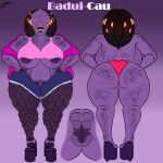  absurd_res anthro badui-cau big_breasts bimbofication breasts chubby_female clothing cosmosarts dreadlocks erect_nipples exposed_breasts female fishnet fishnet_legwear fur half_naked hi_res legwear model_sheet nipples predator_(franchise) pubes_exposed rear_view solo thick_thighs yautja 