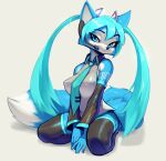  anthro blue_body blue_eyes blue_fur blue_hair breasts canid canine clothing cosplay crossover dipstick_tail female fluffy fluffy_tail fox fur fur_markings hair hatsune_miku headgear headphones headset hi_res krystal legwear looking_at_viewer mammal markings necktie nintendo oughta pigtails smile solo star_fox stockings tail tail_markings thigh_highs topwear vest vocaloid 