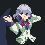  1girl 4qw5 black_background bow bowtie collared_shirt gem green_gemstone grey_hair hair_between_eyes hand_on_own_face jacket jewelry kishin_sagume long_sleeves looking_at_viewer medium_hair pixel_art purple_shirt red_bow red_bowtie red_eyes shirt simple_background single_wing sleeves_past_wrists solo touhou white_jacket wings 