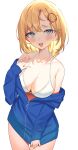  1girl absurdres bikini blonde_hair blue_eyes blue_hoodie blush bob_cut breasts cleavage clothes_pull collarbone detective english_commentary gukurosawa01 hair_ornament halterneck highres hololive hololive_english hood hoodie large_breasts looking_at_viewer mole monocle_hair_ornament open_mouth pulled_by_self revision short_hair smile solo swimsuit thighs virtual_youtuber watson_amelia white_bikini zipper 