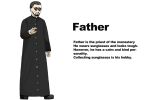  1boy black_coat black_footwear black_hair catholic character_profile coat diva_(hyxpk) english_text facial_hair father_(diva) highres little_nuns_(diva) priest round_eyewear simple_background solo sunglasses white_background 