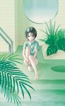  1girl absurdres bare_legs barefoot black_hair closed_mouth highres holding_leg indoors leaf looking_at_viewer narume original parted_bangs pixel_art pool pool_ladder red_eyes shirt short_hair sitting_on_water solo stairs sweat t-shirt wading_pool 