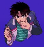  1boy blue_shirt brown_eyes brown_hair commentary_request cropped_torso fingernails grey_jacket hand_on_own_chin highres holding holding_pen inudori jacket letterman_jacket looking_at_viewer lower_teeth_only male_focus medium_bangs open_mouth parted_bangs pen purple_background shirt short_hair simple_background solo striped striped_shirt teeth tobaku_haouden_zero ukai_zero upper_body v-shaped_eyebrows 