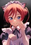  1girl alternate_costume animal_ears apron black_background black_dress black_ribbon blue_eyes cat_ears commentary_request dress enmaided fake_animal_ears hair_between_eyes hair_bun happy_birthday highres long_hair looking_at_viewer love_live! love_live!_superstar!! maid maid_headdress neck_ribbon paw_pose red_hair ribbon short_sleeves signature single_side_bun smile solo upper_body white_apron yatoroku yoneme_mei 