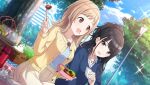  2girls :d bento bird black_hair blue_sky blue_sweater brown_eyes cardigan cloud collared_shirt dutch_angle floral_print food food_on_face fork frilled_socks frills game_cg grey_shirt half_updo handkerchief holding holding_bento holding_food holding_fork holding_handkerchief idolmaster idolmaster_shiny_colors jewelry kazano_hiori lamppost light_brown_hair looking_at_another medium_hair mole mole_under_mouth multiple_girls necklace no_shoes official_art on_ground open_collar open_mouth outdoors purple_eyes ribbed_shirt sakuragi_mano shirt sitting skirt sky smile socks sparkle sweater thermos tree yellow_cardigan 