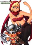 1boy 1girl :d animal_ears animal_nose archived_source avatar_(ff11) axe bandeau bare_shoulders battle_axe belt black_gloves black_pants blonde_hair blue_eyes brand_name_imitation breasts brown_belt brown_hair cape cat_ears cat_girl cat_tail closed_mouth cosplay covered_nipples dimsdale dimsdale_(cosplay) dungeons_&amp;_dragons:_shadow_over_mystara dungeons_and_dragons fake_horns final_fantasy final_fantasy_xi fingerless_gloves gloves grey_headwear hair_between_eyes hand_on_own_hip helmet holding holding_axe hood hood_up horned_helmet horns medium_breasts midriff mithra_(ff11) moriah moriah_(cosplay) navel open_mouth pants pink_lips pointy_ears red_bandeau simple_background smile standing studded_gloves tail tail_raised taisai_soft tarutaru thigh_gap weapon white_background yellow_cape 