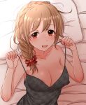  1girl areola_slip bare_shoulders bed_sheet black_negligee blush braid breasts brown_eyes brown_hair cleavage collarbone covered_nipples dot_nose hair_over_shoulder hands_up highres idolmaster idolmaster_cinderella_girls idolmaster_cinderella_girls_starlight_stage long_hair looking_at_viewer lying mariabowl medium_breasts messy_hair on_back on_bed open_mouth pillow senkawa_chihiro single_braid smile solo strap_pull 