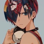  1boy bare_shoulders black_eyes black_hair from_side gloves goggles goggles_on_head hair_over_one_eye headphones highres ikezawa_kazuma king_kazma looking_at_viewer male_focus rabbit_boy red_gloves red_vest short_hair simple_background sleeveless solo summer_wars upper_body vest white_background white_headphones yadu_nadu 