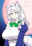  1girl absurdres animal_ear_fluff animal_ears apron back_bow blue_dress blush bow bowtie braid breast_expansion breasts closed_mouth collared_shirt commentary_request commission dress full_moon furrification furry furry_female green_bow green_bowtie hair_bow highres izayoi_sakuya juliet_sleeves kurodani_yamame large_breasts long_sleeves looking_down maid maid_apron maid_headdress medium_bangs medium_hair moon pixiv_commission puffy_sleeves red_eyes red_moon rinyamame shirt solo tail touhou transformation twin_braids upper_body werewolf white_apron white_bow white_hair white_shirt wolf_ears wolf_tail 