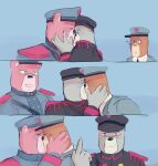  &lt;3 2023 anthro bear black_nose capitan_hocicos clothing comandante_fluffy comic coronel_otto eyes_closed fur gesture group hat headgear headwear hi_res humanoid_hands kissing male male/male mammal middle_finger pink_body pink_fur ponkebin soldier soldier_uniform unicorn_wars ursine warrior 