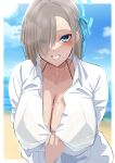  1girl asuna_(blue_archive) beach bikini bikini_under_clothes blonde_hair blue_archive breasts commentary_request hair_over_one_eye hair_ribbon halo highres huge_breasts long_hair mole mole_on_breast nanohana_(november.) ribbon school_uniform see-through shirt solo standing swimsuit wet wet_clothes white_shirt 