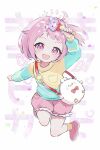  1girl absurdres aged_down bag child highres holding holding_toy hrn_ohana long_sleeves multicolored_sweater ootori_emu open_mouth pink_eyes pink_footwear pink_hair pink_shorts project_sekai shirt shoes short_hair shorts shoulder_bag smile solo toy upper_body 