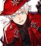  1boy black_gloves black_shirt blue_eyes copyright_name earrings gloves hand_up hat isasasa001 jacket jewelry kyuuketsuki_sugu_shinu looking_at_viewer male_focus open_mouth red_headwear red_jacket ronaldo_(kyuuketsuki_sugu_shinu) shirt short_hair simple_background single_earring smile solo sweatdrop upper_body v-shaped_eyebrows white_background white_hair 