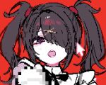  1girl ame-chan_(needy_girl_overdose) black_eyes black_hair black_ribbon commentary_request cursor hair_ornament hair_over_one_eye hair_tie hairclip highres long_hair looking_at_viewer mainemu_izu neck_ribbon needy_girl_overdose open_mouth pixel_art red_background ribbon simple_background solo twintails upper_body x_hair_ornament 